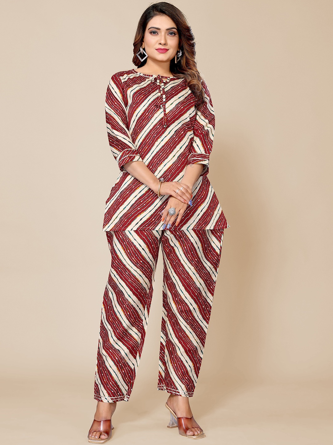 

Krimmple Striped Round Neck Top With Trousers Co-Ords, Maroon