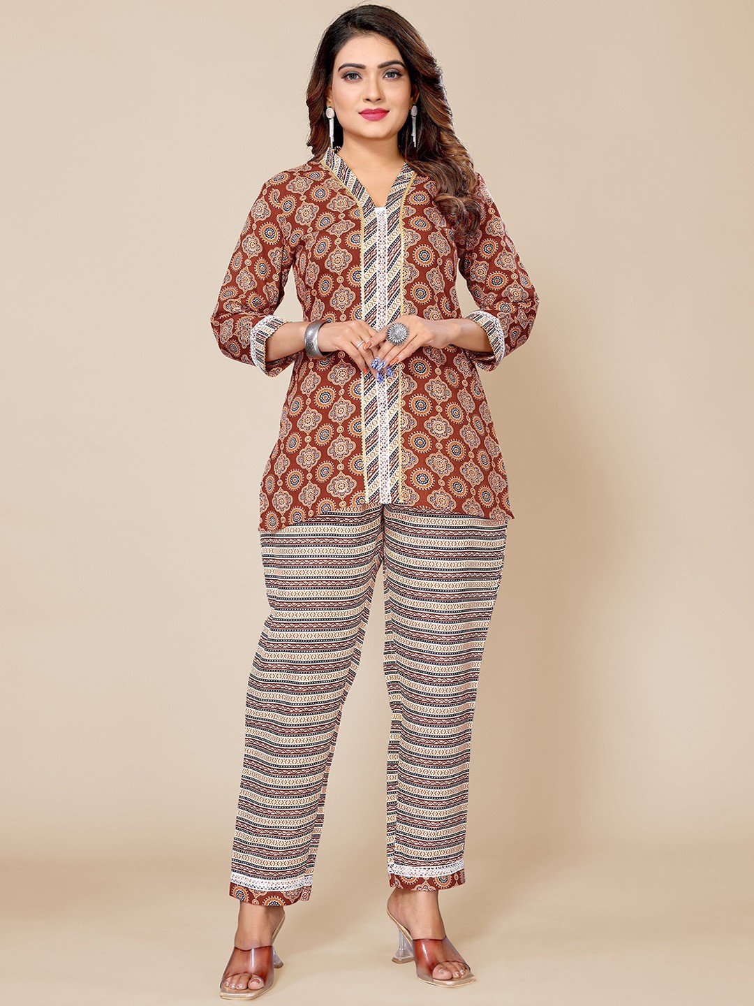 

Krimmple Ethnic Motifs Printed Top & Trousers Co-Ords Set, Maroon