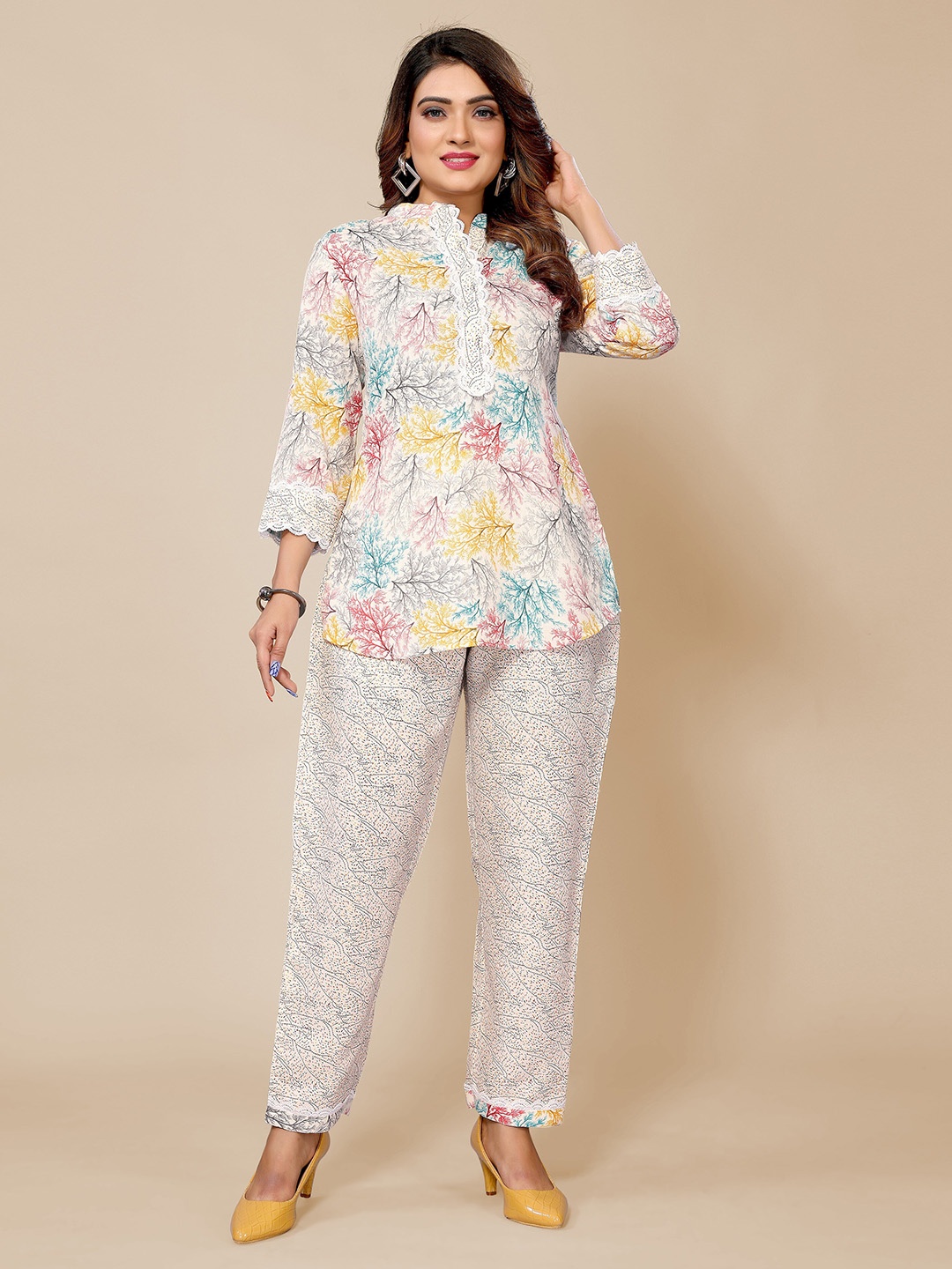 

Krimmple Floral Printed Mandarin Collar Top With Trousers Co-Ords Set, White