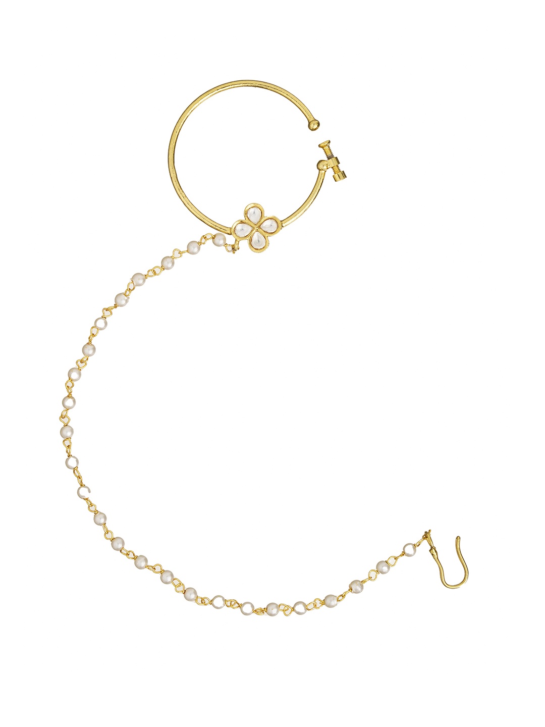 

CURIO COTTAGE Kundan Studded & Beaded Chained Nosepin, Gold