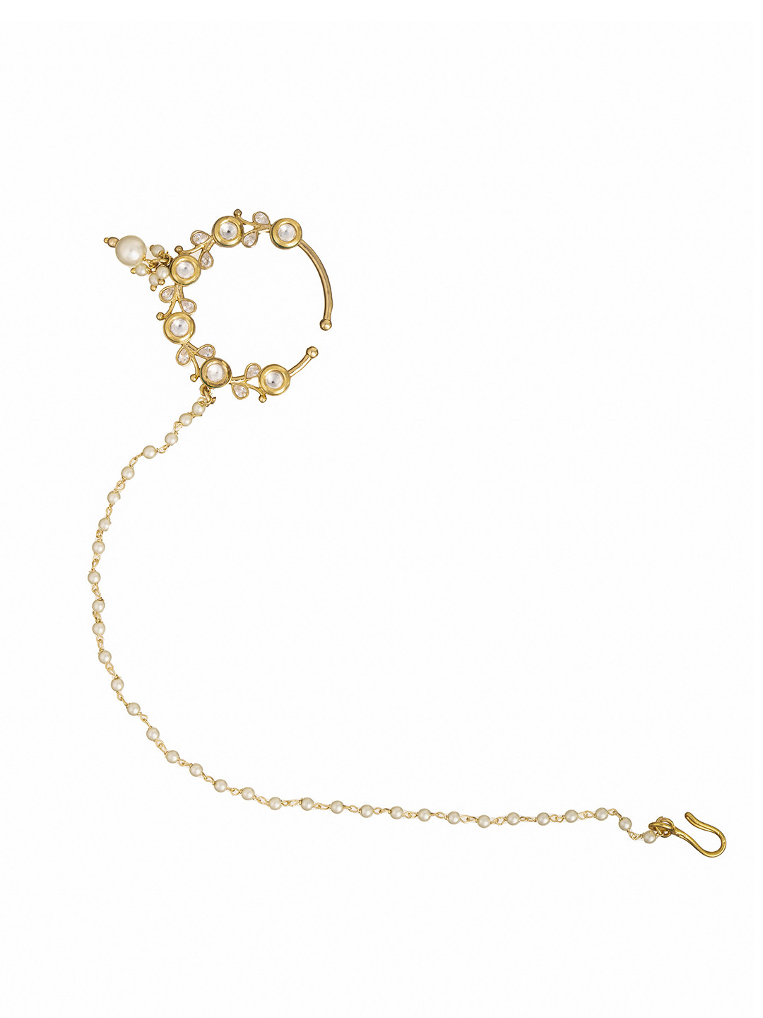 

CURIO COTTAGE Gold Plated Kundan Studded & Pearls Beaded Chained Nosepin