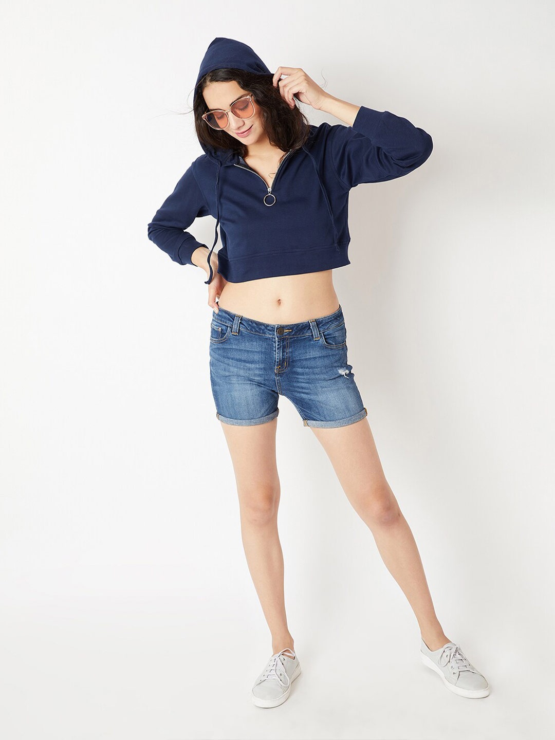 

BAESD Half Zipper Crop Hooded Pure Cotton Pullover Sweatshirt, Navy blue
