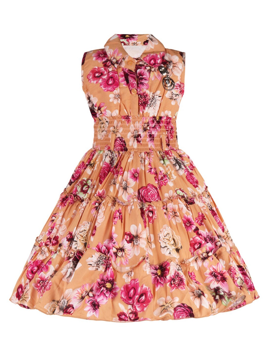

Wish Karo Girls Floral Printed Shirt Collar Smocked Tiered Fit & Flare Dress, Orange