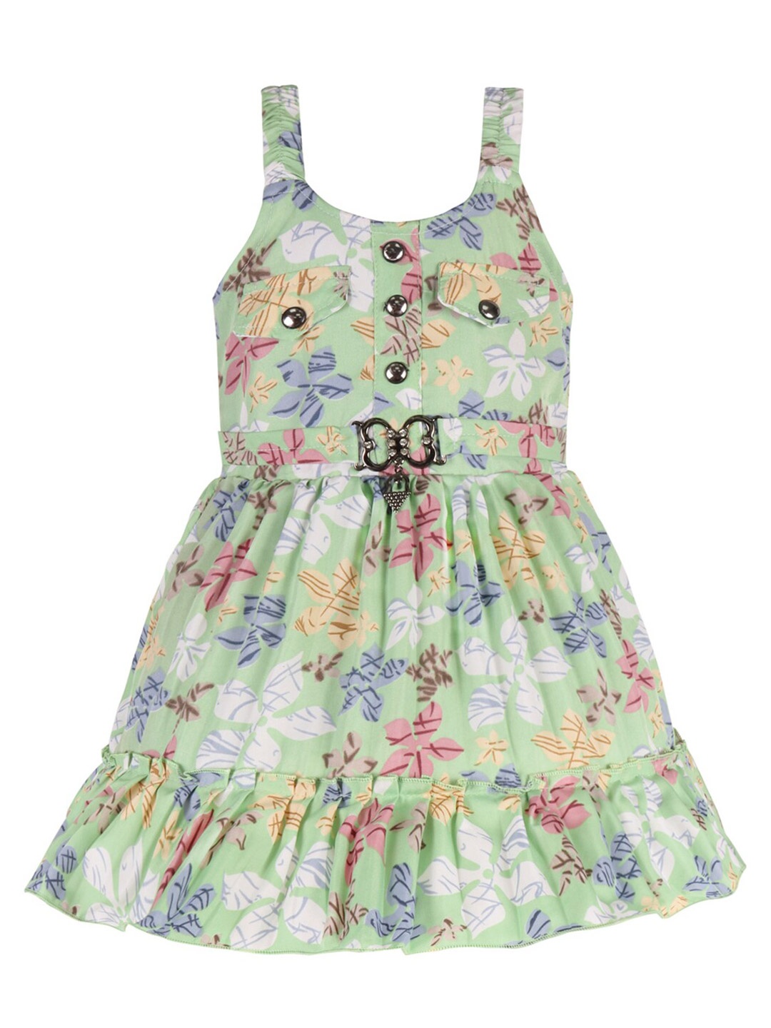 

Wish Karo Girls Floral Printed Sleeveless Embellished Satin Fit & Flare Dress, Green