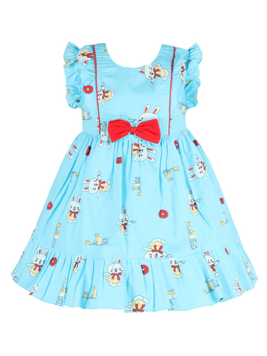 

Wish Karo Girls Conversational Printed Ruffled & Bow Cotton Fit & Flare Dress, Blue