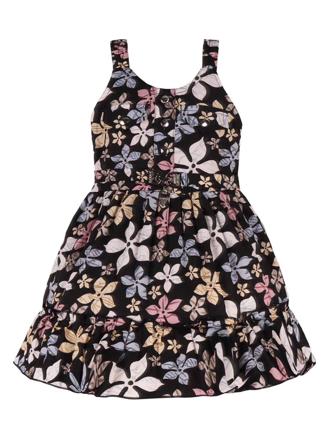 

Wish Karo Girls Floral Printed Shoulder Straps Pleated Satin Fit & Flare Dress, Black