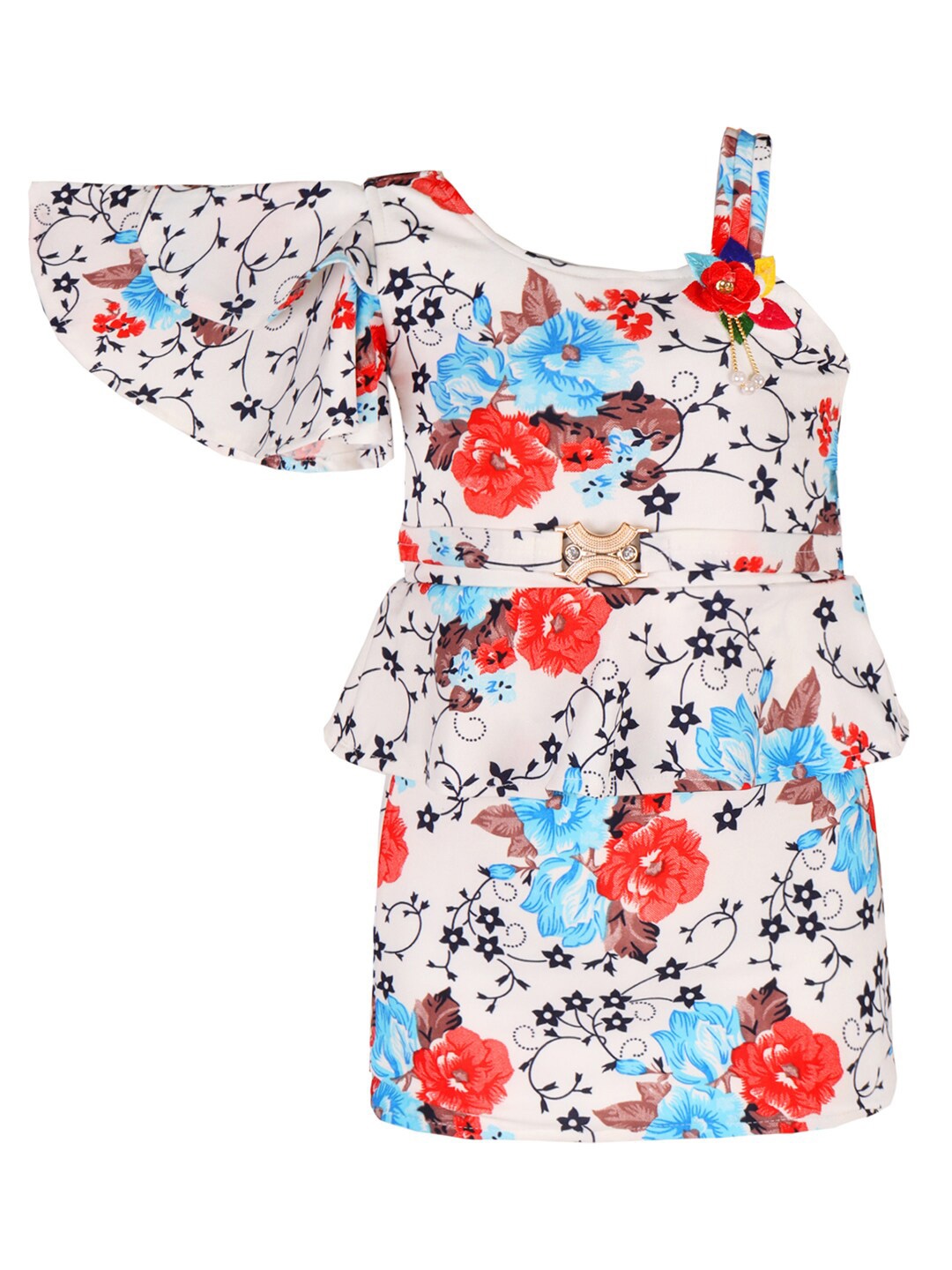 

Wish Karo Girls Floral Printed One Shoulder Embellished Satin Sheath Dress, White