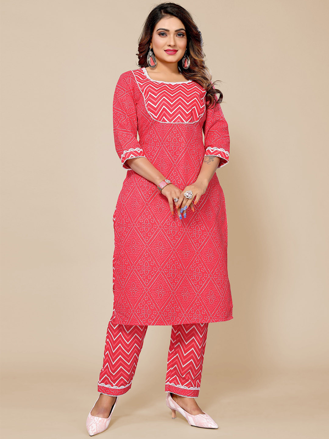 

Krimmple Bandhani Printed Kurta With Trousers, Pink
