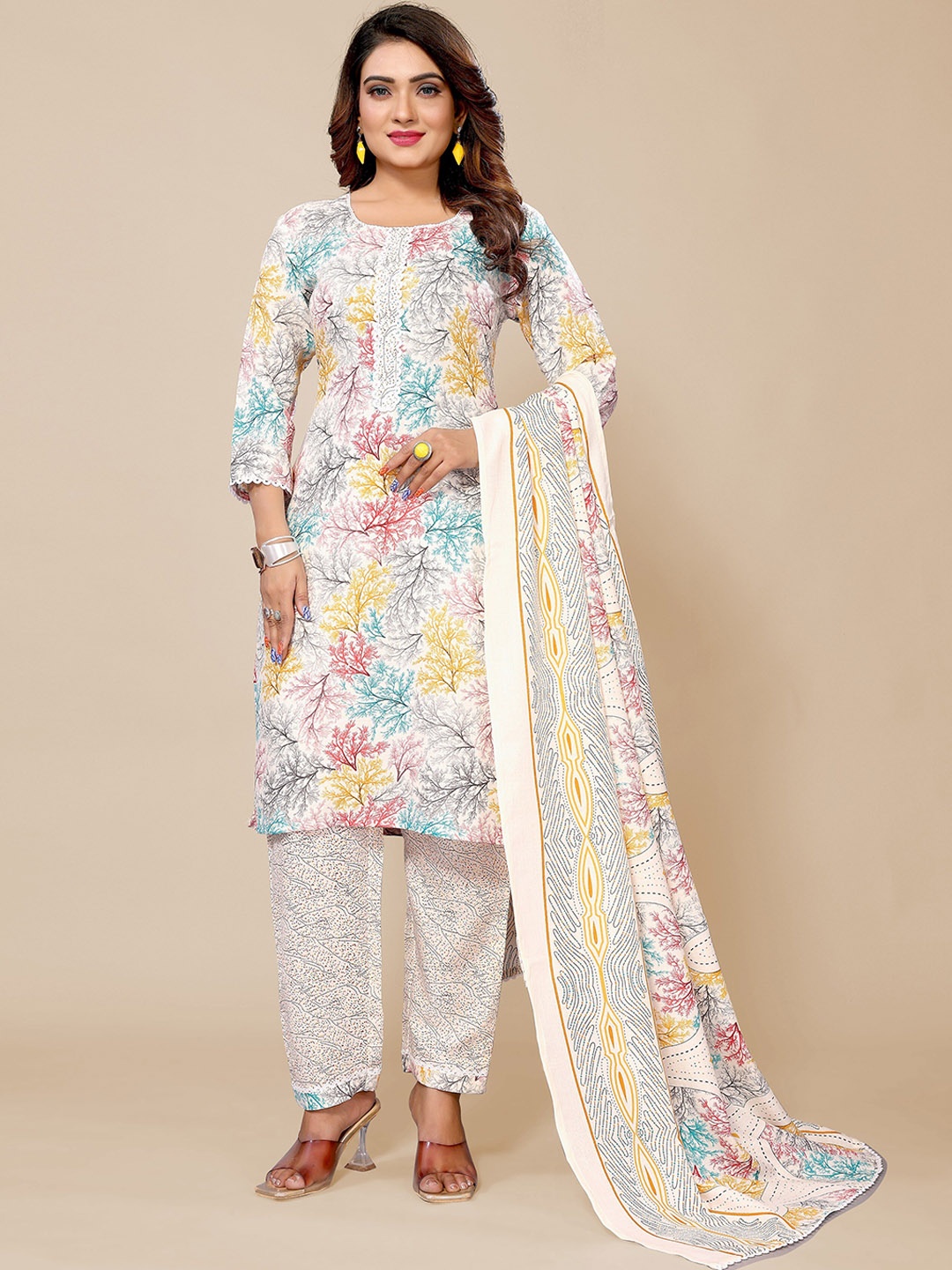 

Krimmple Tropical Printed Gotta Patti Kurta & Trousers With Dupatta, White