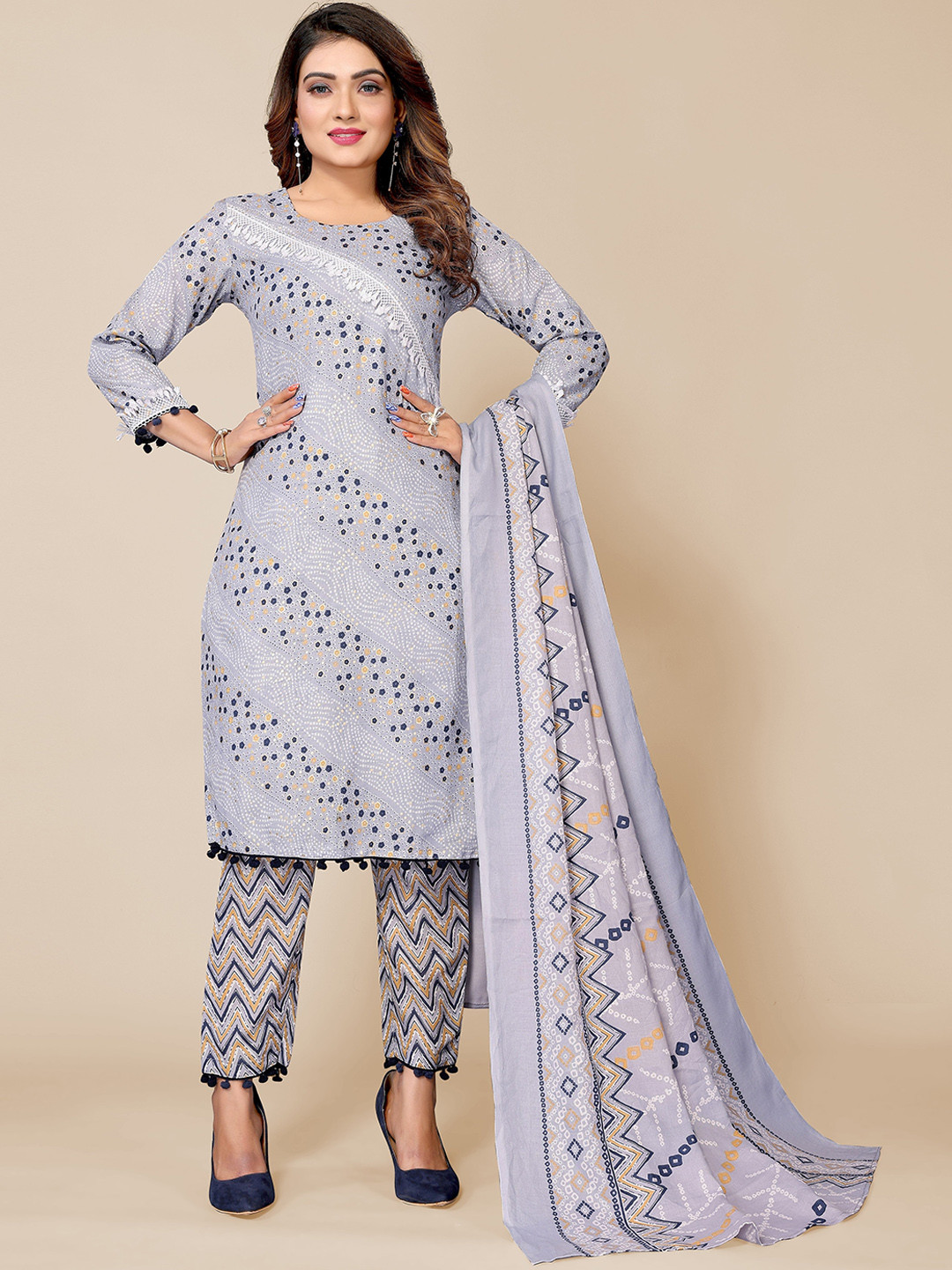 

Krimmple Geometric Printed Kurta With Trousers & Dupatta, Blue