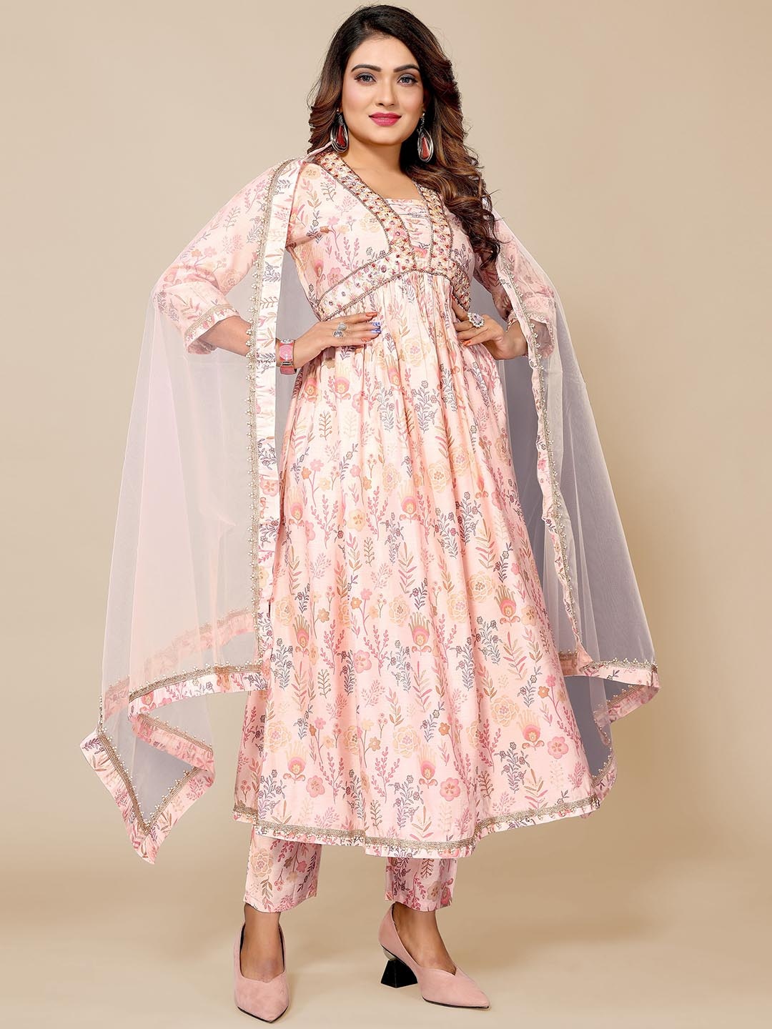 

Krimmple Floral Printed Sequinned Anarkali Kurta With Trousers & Dupatta, Peach