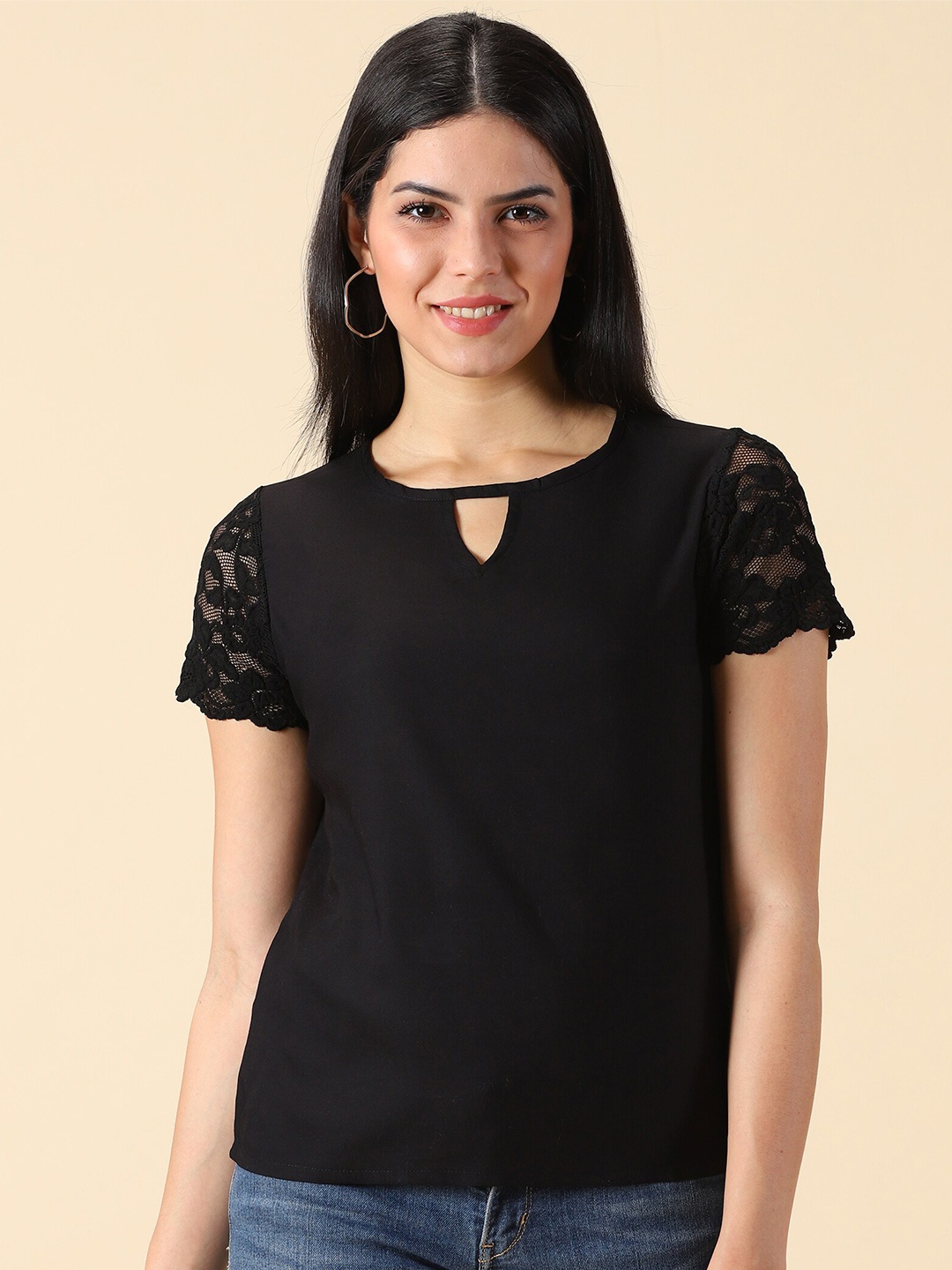 

PURPLE FLAUNT Keyhole Neck Laced Top, Black