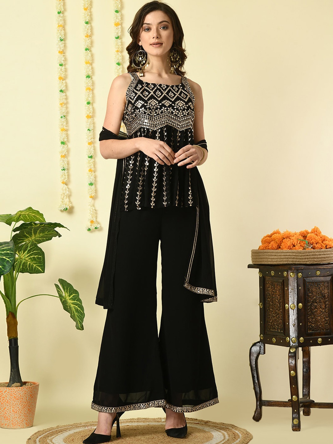 

Myshka Embroidered Top & Palazzo With Dupatta, Black