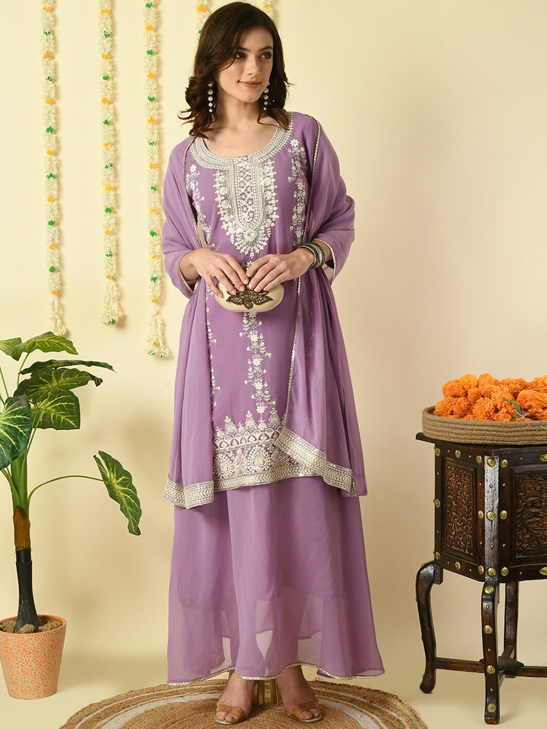 

Myshka Embroidered With Gotta Patti Details Regular Kurta with Skirt & Dupatta, Purple
