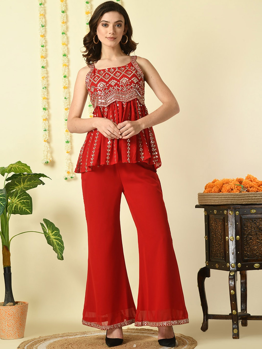 

Myshka Embroidered Top And Palazzos, Red