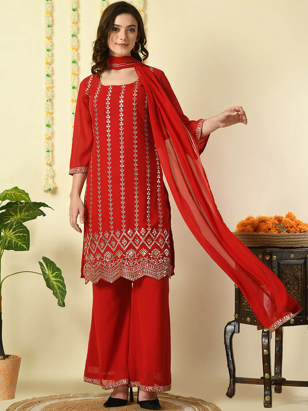 

Myshka Floral Embroidered Mirror Work Straight Kurta & Palazzos With Dupatta, Red