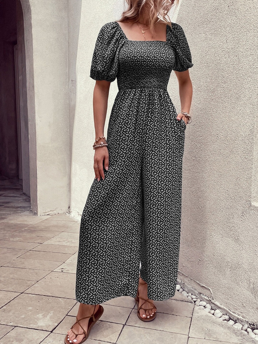 

StyleCast Black Floral Printed Smocked Basic Jumpsuit