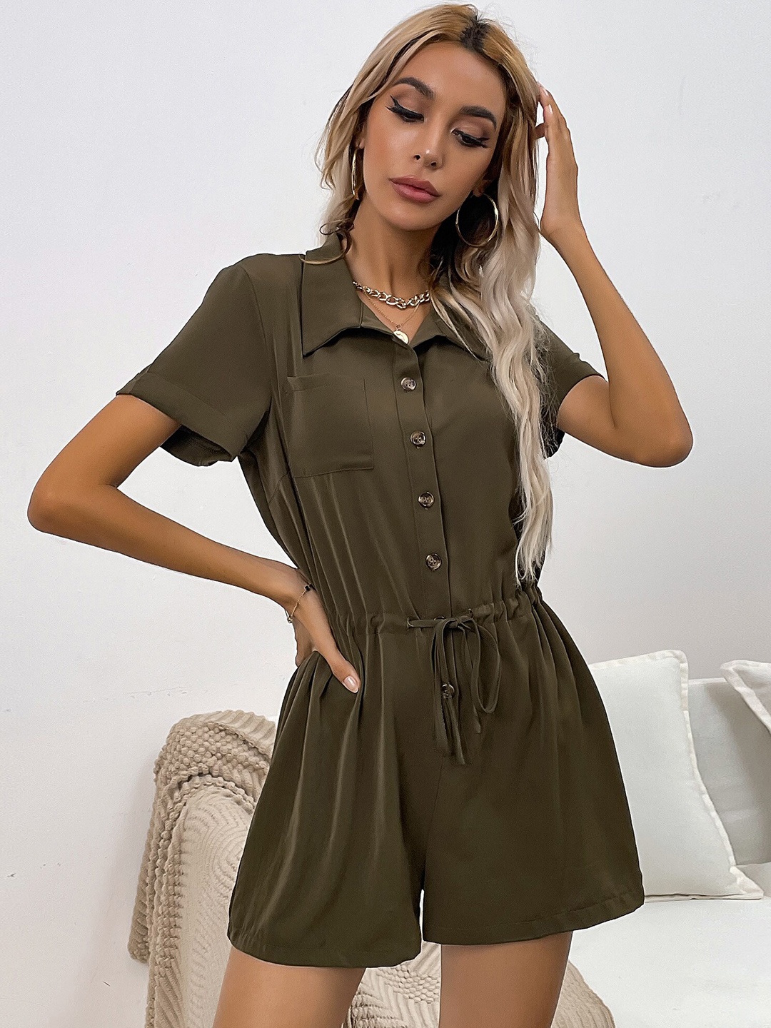 

StyleCast Olive Green Shirt Collar Play Suit