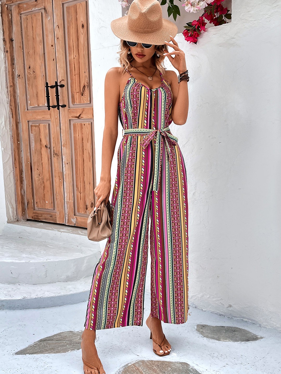 

StyleCast Purple & Yellow Striped Shoulder Straps Basic Jumpsuit