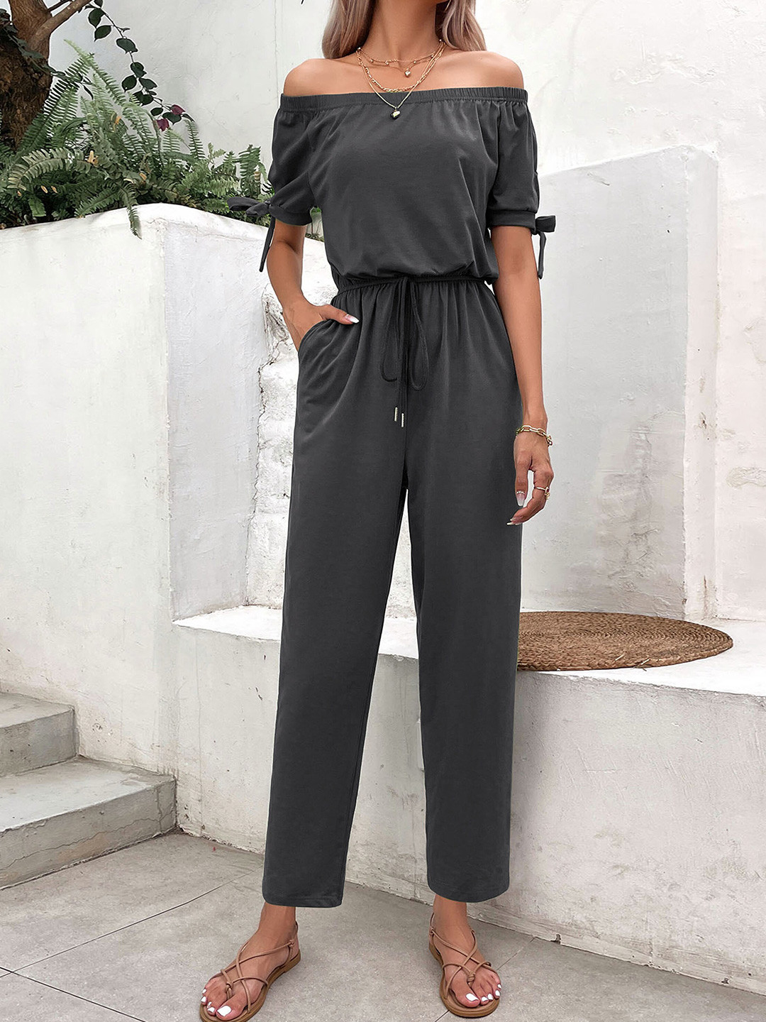 

StyleCast Grey off-Shoulder Basic Jumpsuit