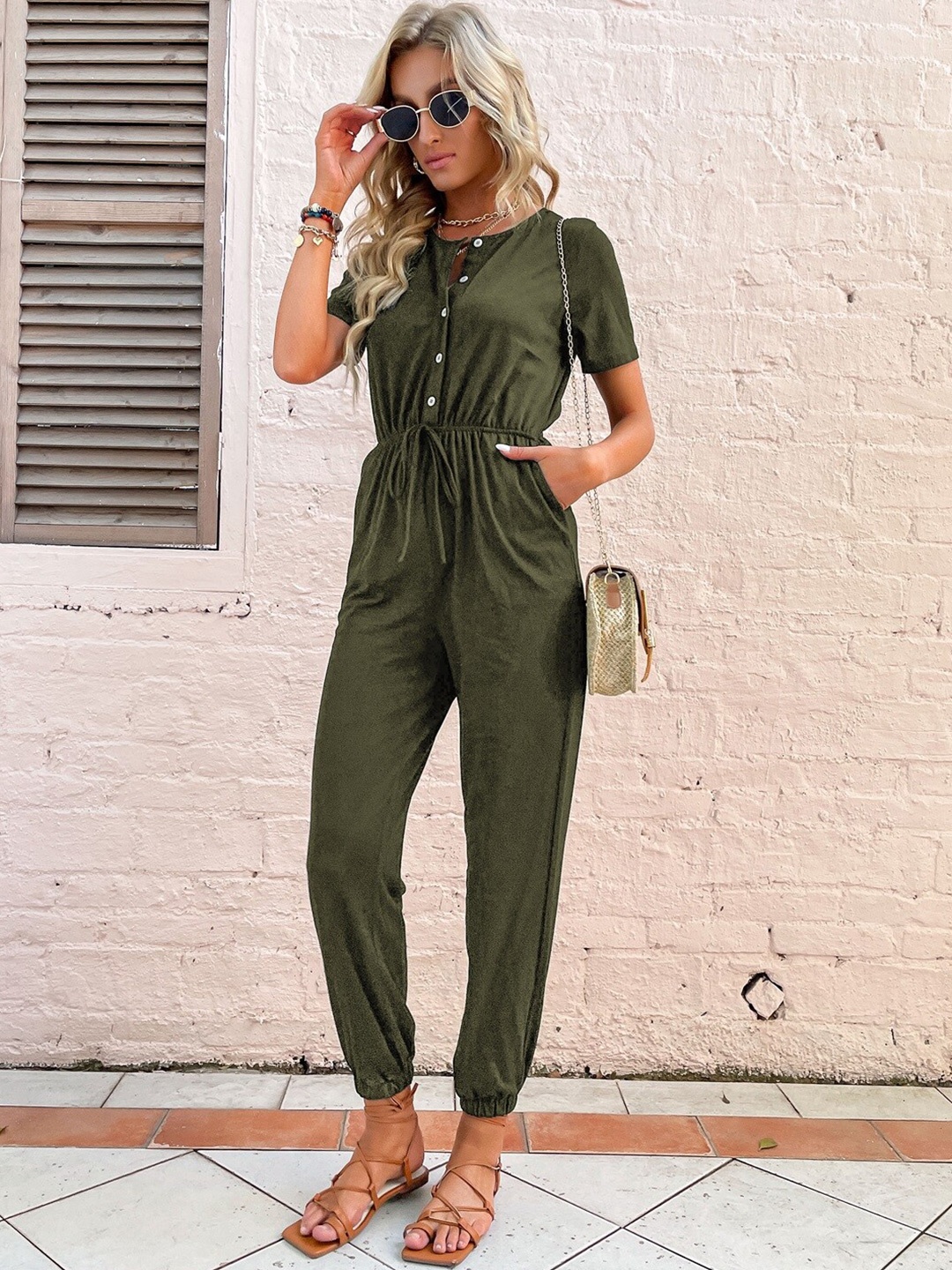 

StyleCast Olive Green Round Neck Waist Tie-Ups Basic Jumpsuit