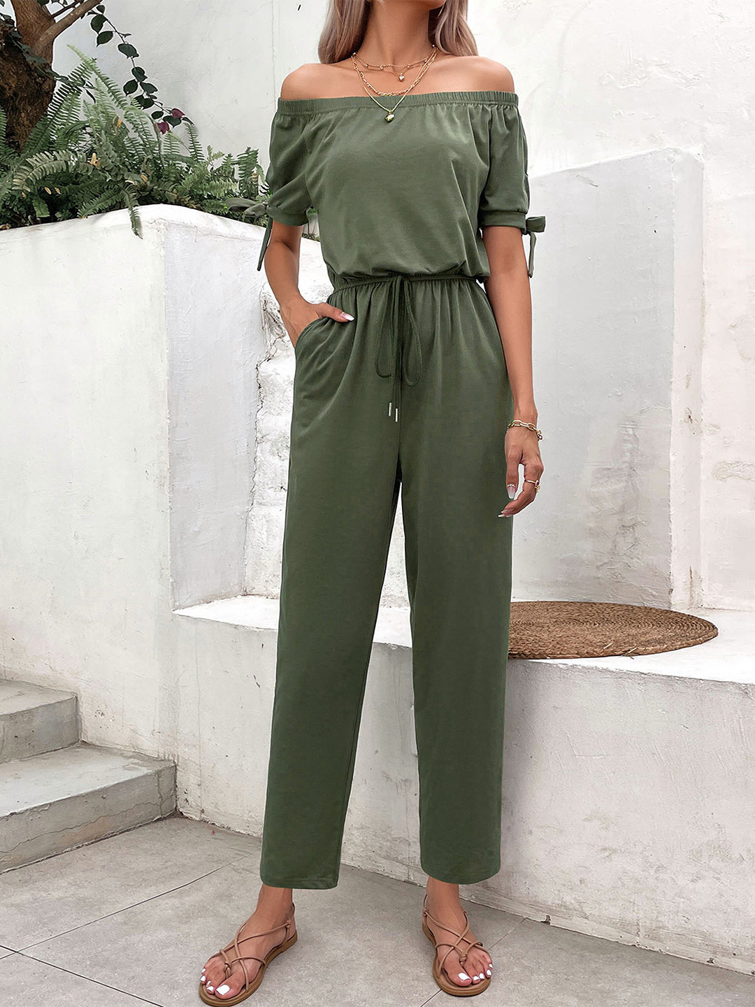 

StyleCast Olive Green Off Shoulder Waist Tie-Ups Basic Jumpsuit