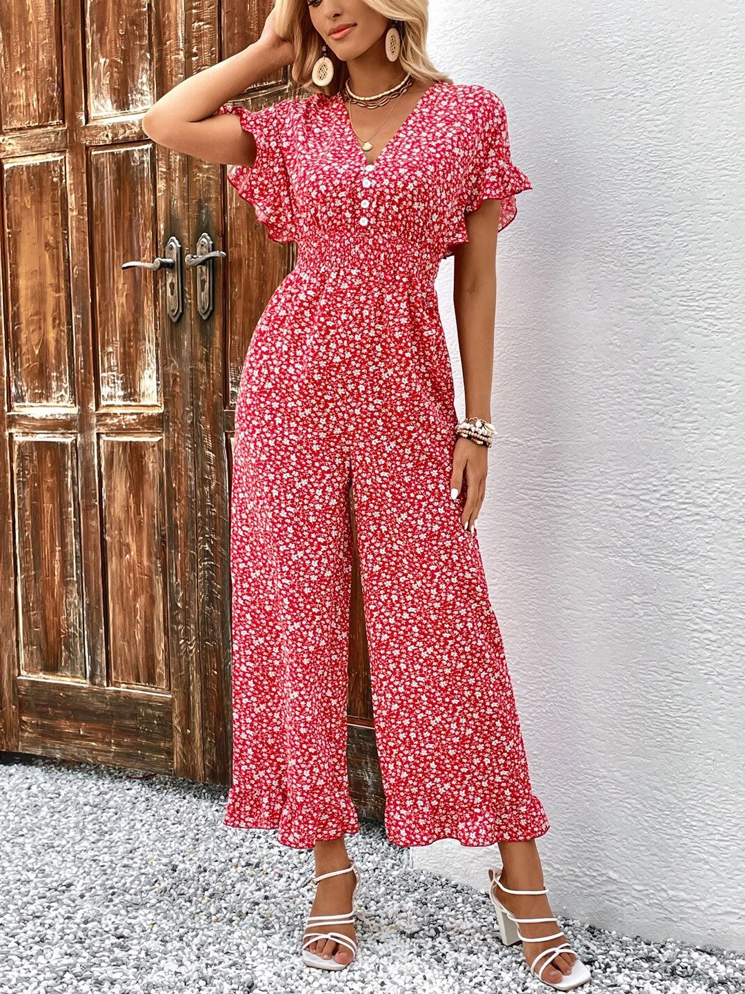 

StyleCast Red & White Floral Printed V- Neck Flutter Sleeves Basic Jumpsuit