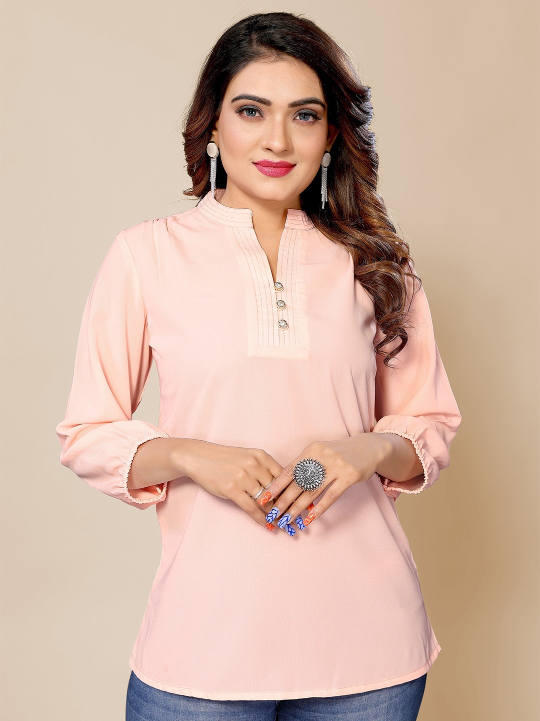 

Krimmple Mandarin Collar Puff Sleeves Cotton Top, Peach