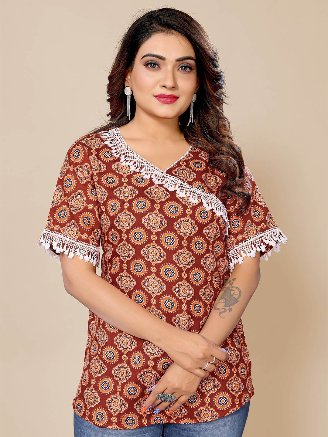 

Krimmple Ethnic Motifs Printed Lace Inserts V-Neck Cotton Top, Maroon