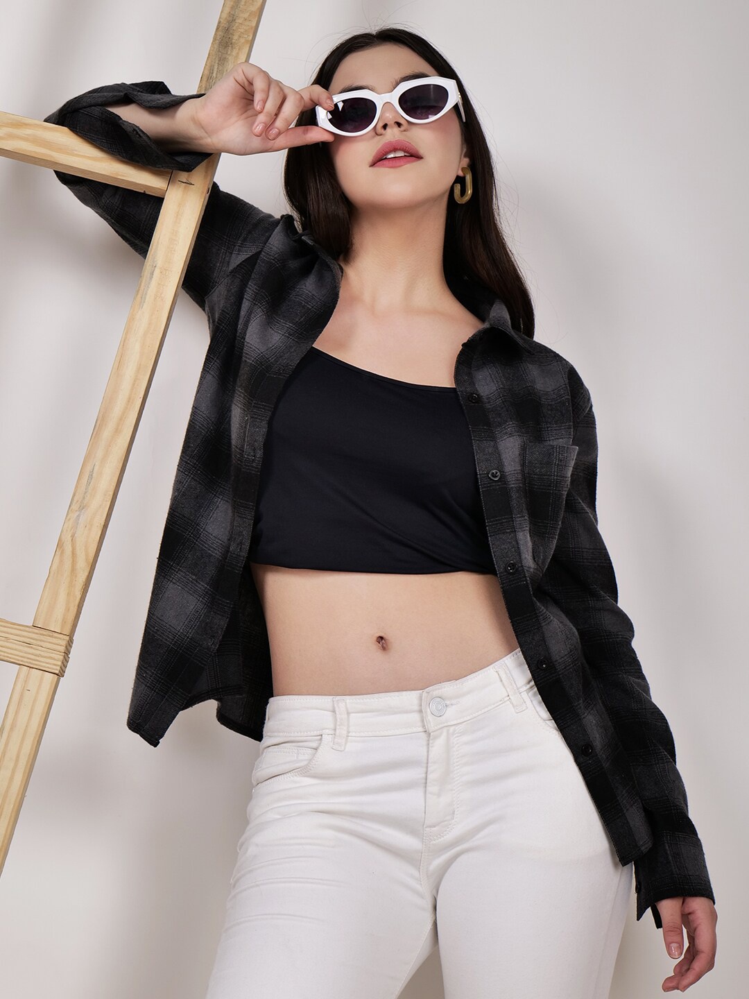 

CHARMGAL Classic Tartan Checked Cotton Casual Shirt, Black