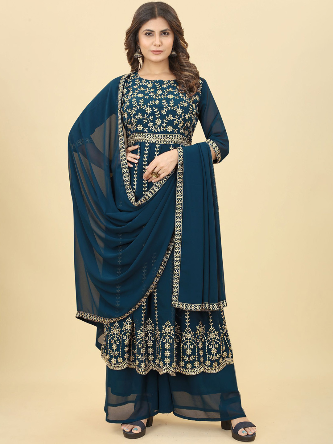 

POSHAAK BY RADHEE MANGUKIYA Ethnic Motifs Embroidered Mirror Work Anarkali Kurta Set, Turquoise blue
