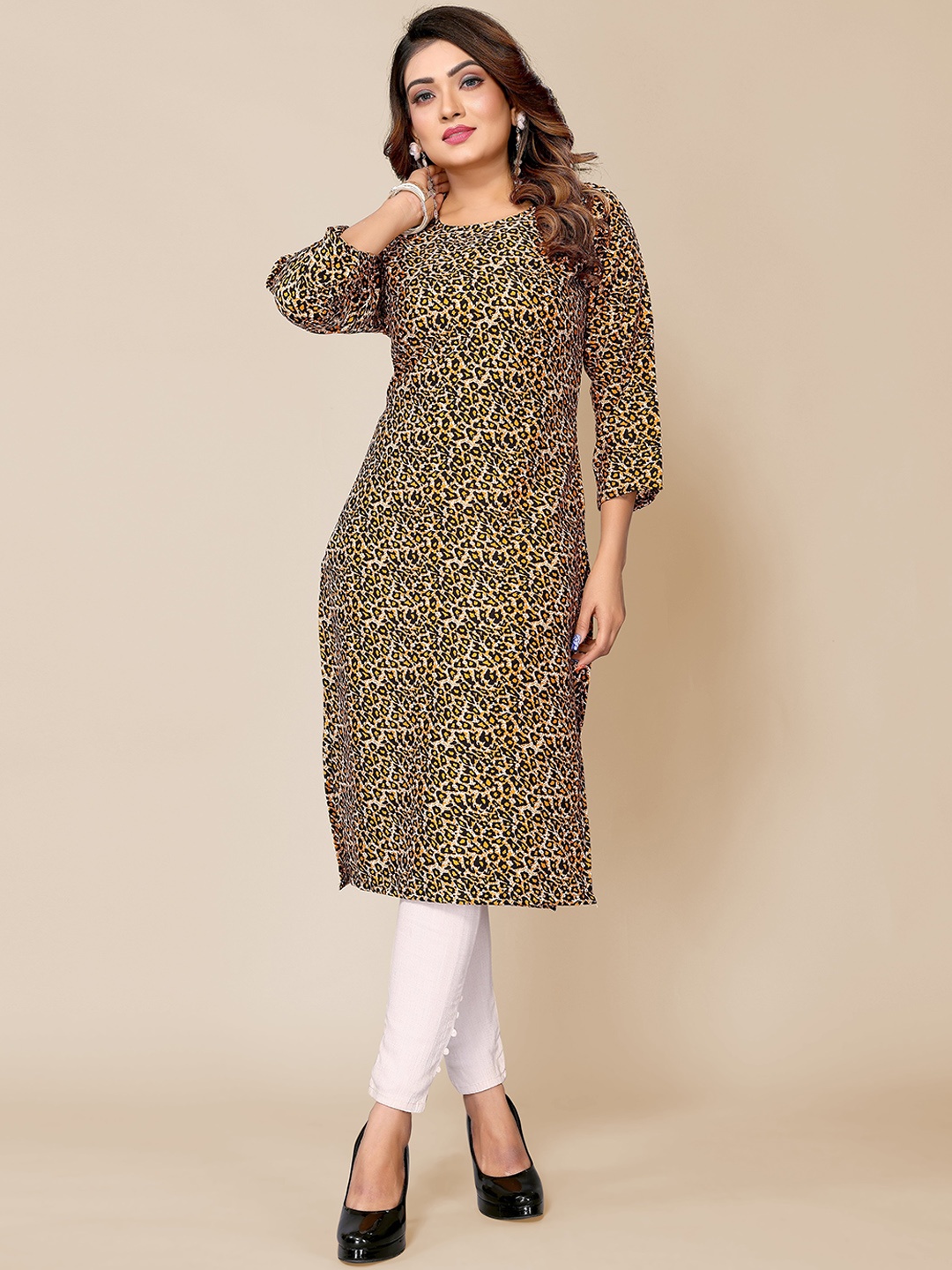 

Krimmple Animal Skin Printed Straight Kurta, Yellow