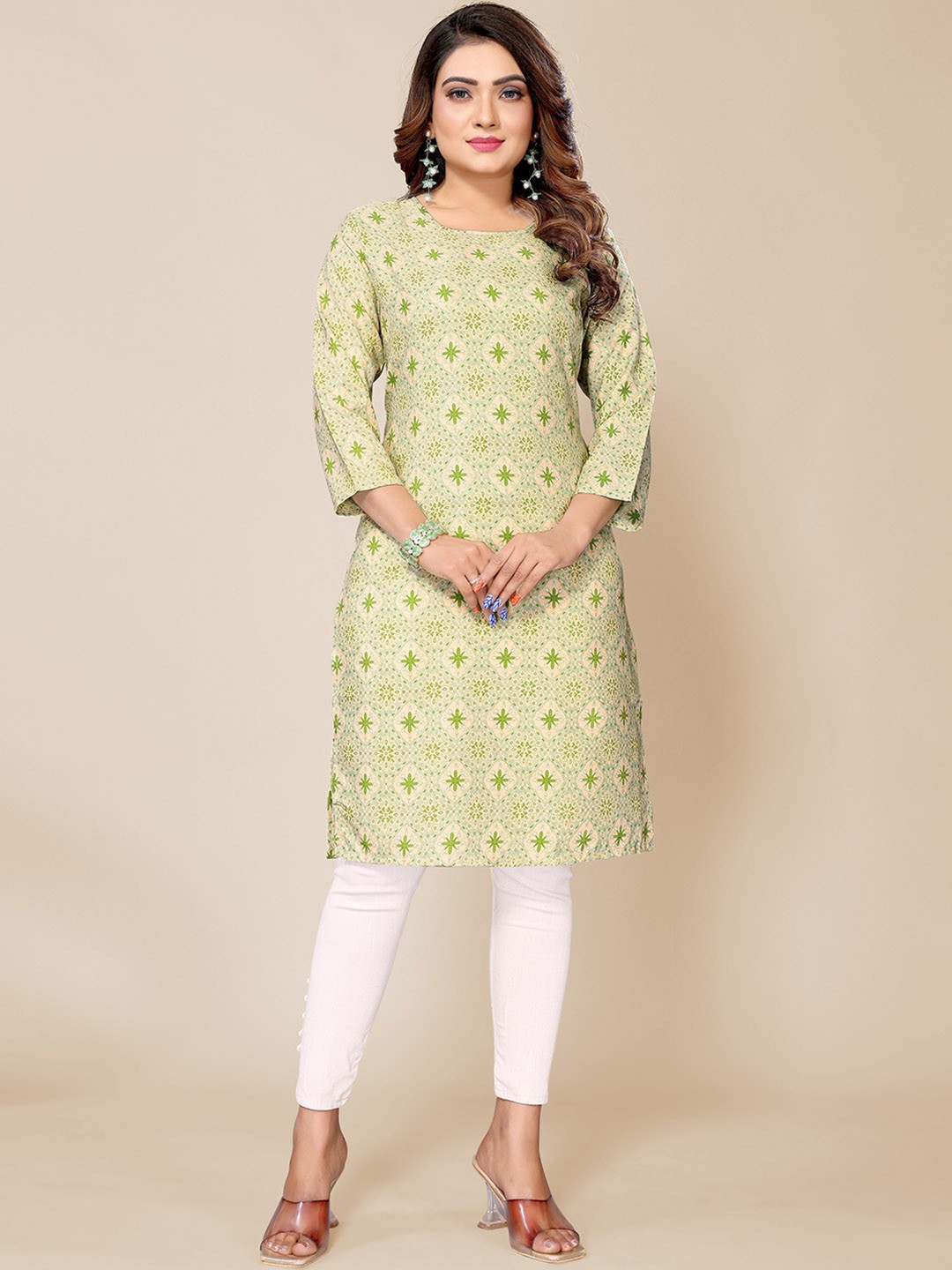

Krimmple Ethnic Motifs Printed Straight Kurta, Green