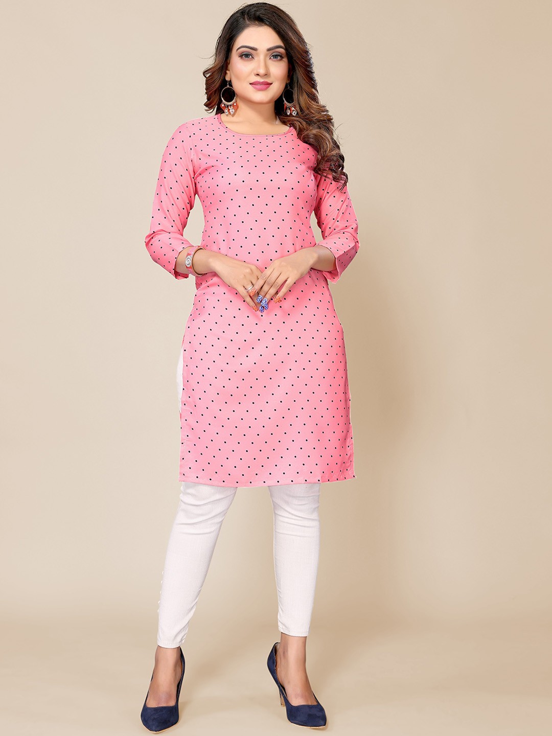 

Krimmple Polka Dot Printed Straight Kurta, Pink