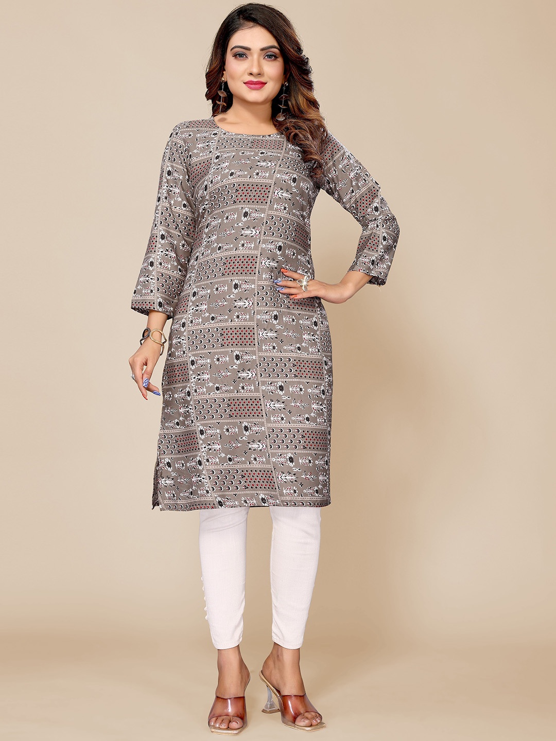 

Krimmple Ethnic Motifs Printed Straight Kurta, Brown