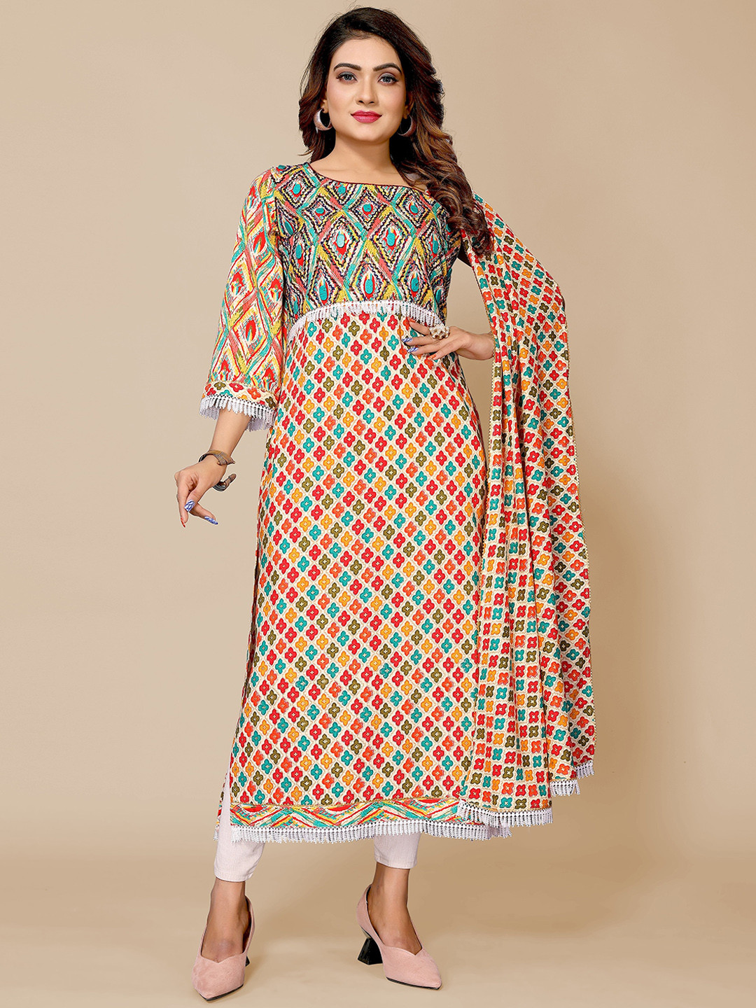 

Krimmple Ethnic Motifs Printed Sequined Straight Kurta, Orange