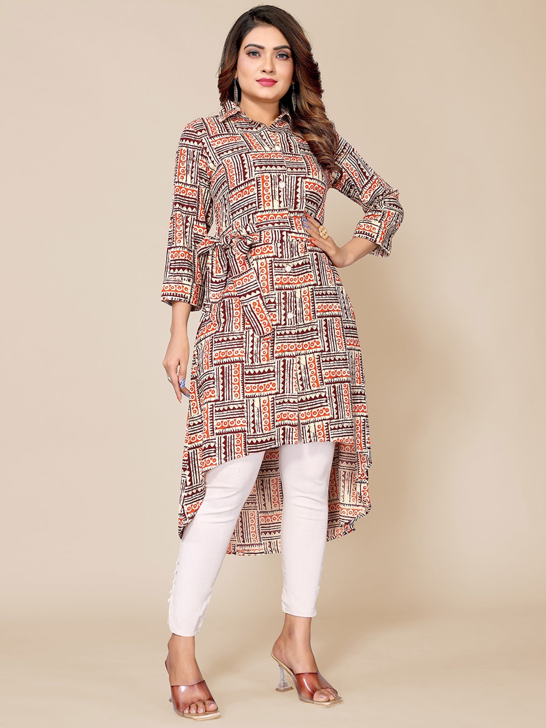 

Krimmple Abstract Printed Straight Kurta, Beige