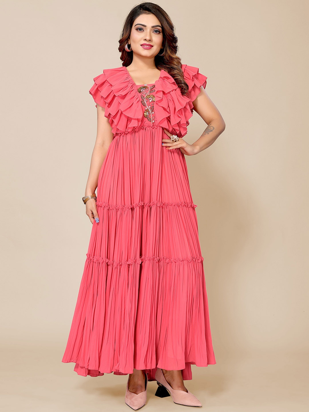 

Krimmple Flared Sleeves Beads & Stones Georgette Tiered A-Line Kurta, Pink