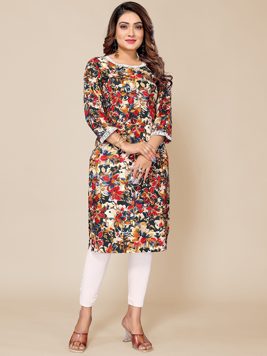 

Krimmple Floral Printed Round Neck Lace Straight Kurta, Navy blue
