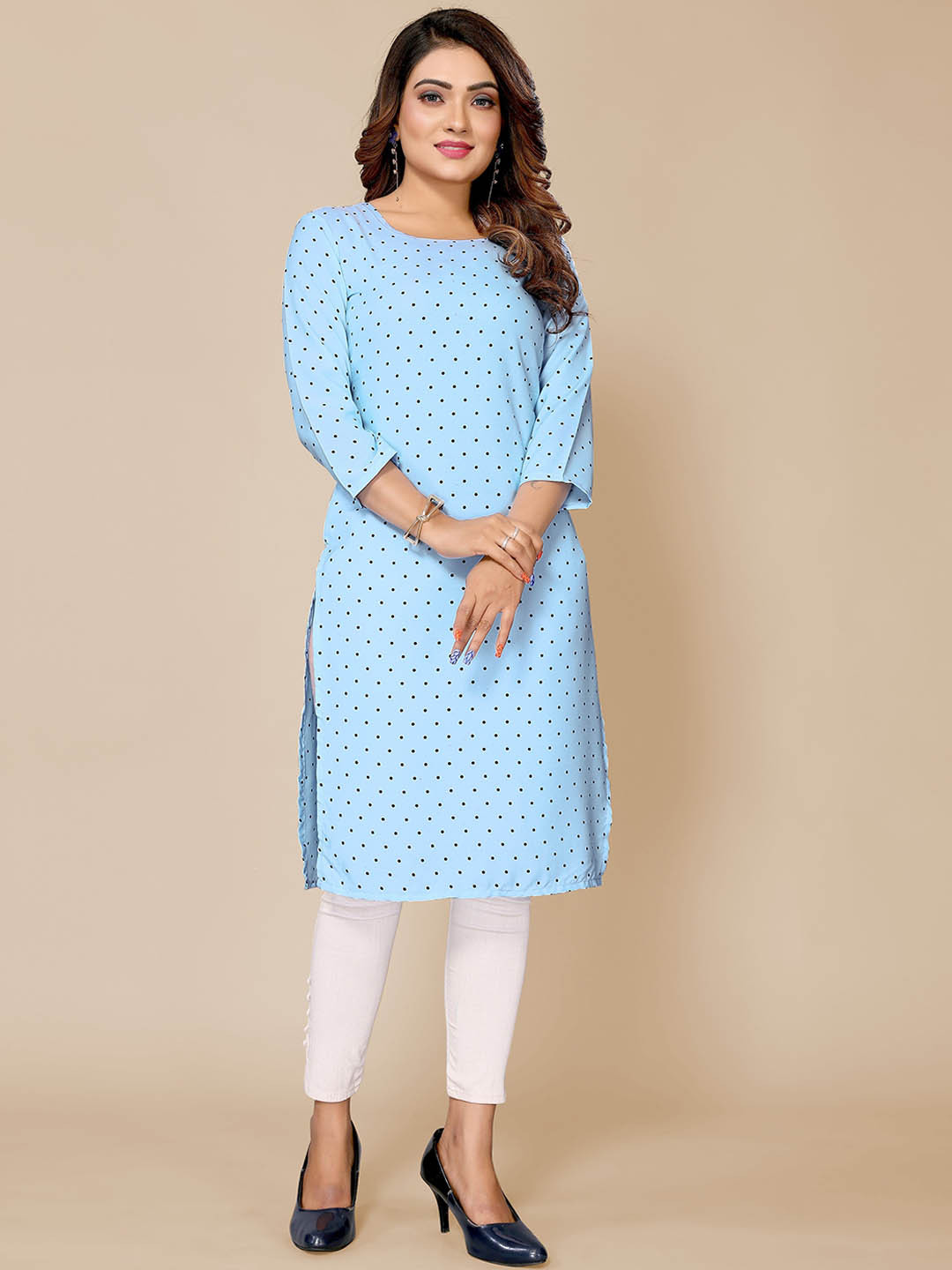 

Krimmple Polka Dot Printed Round Neck Crepe Straight Kurta, Blue