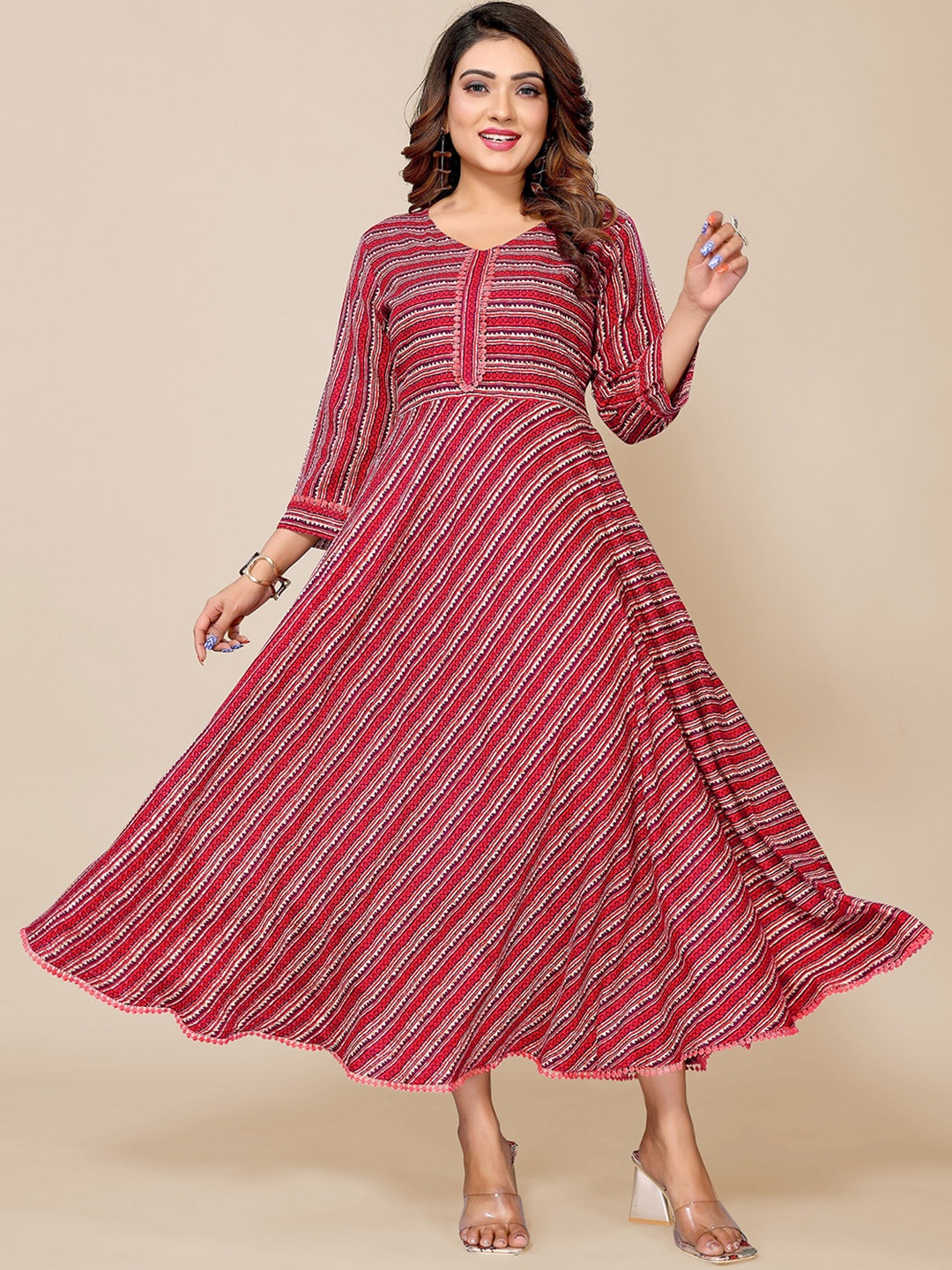 

Krimmple Striped V-Neck Pure Cotton Anarkali Kurta, Maroon