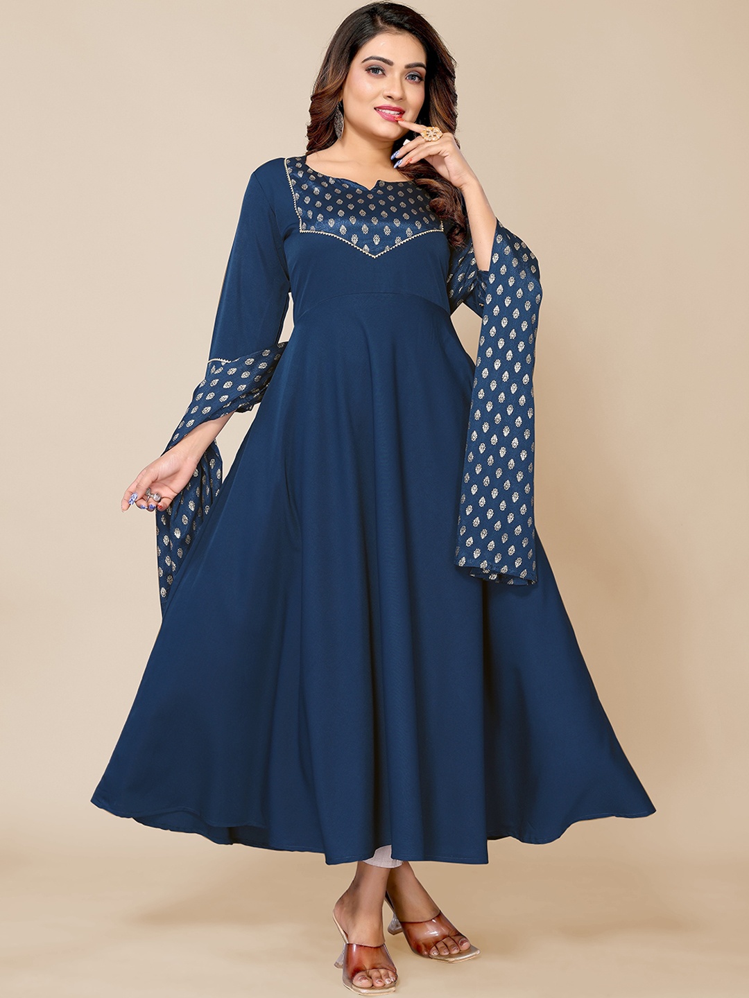 

Krimmple Ethnic Motifs Woven Design Anarkali Kurta With Dupatta, Navy blue