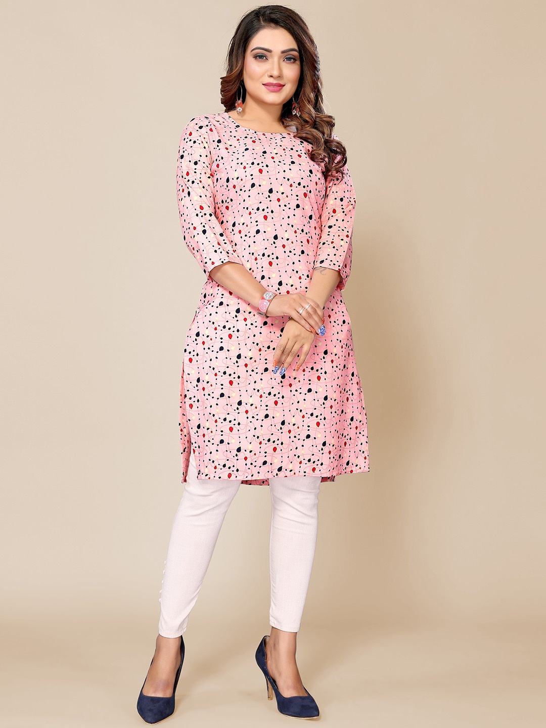 

Krimmple Abstract Printed Pastel Straight Kurta, Pink