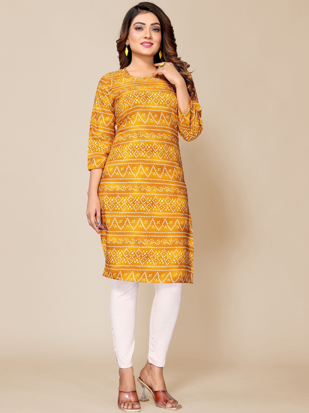

Krimmple Bandhani Printed Crepe Kurta, Yellow