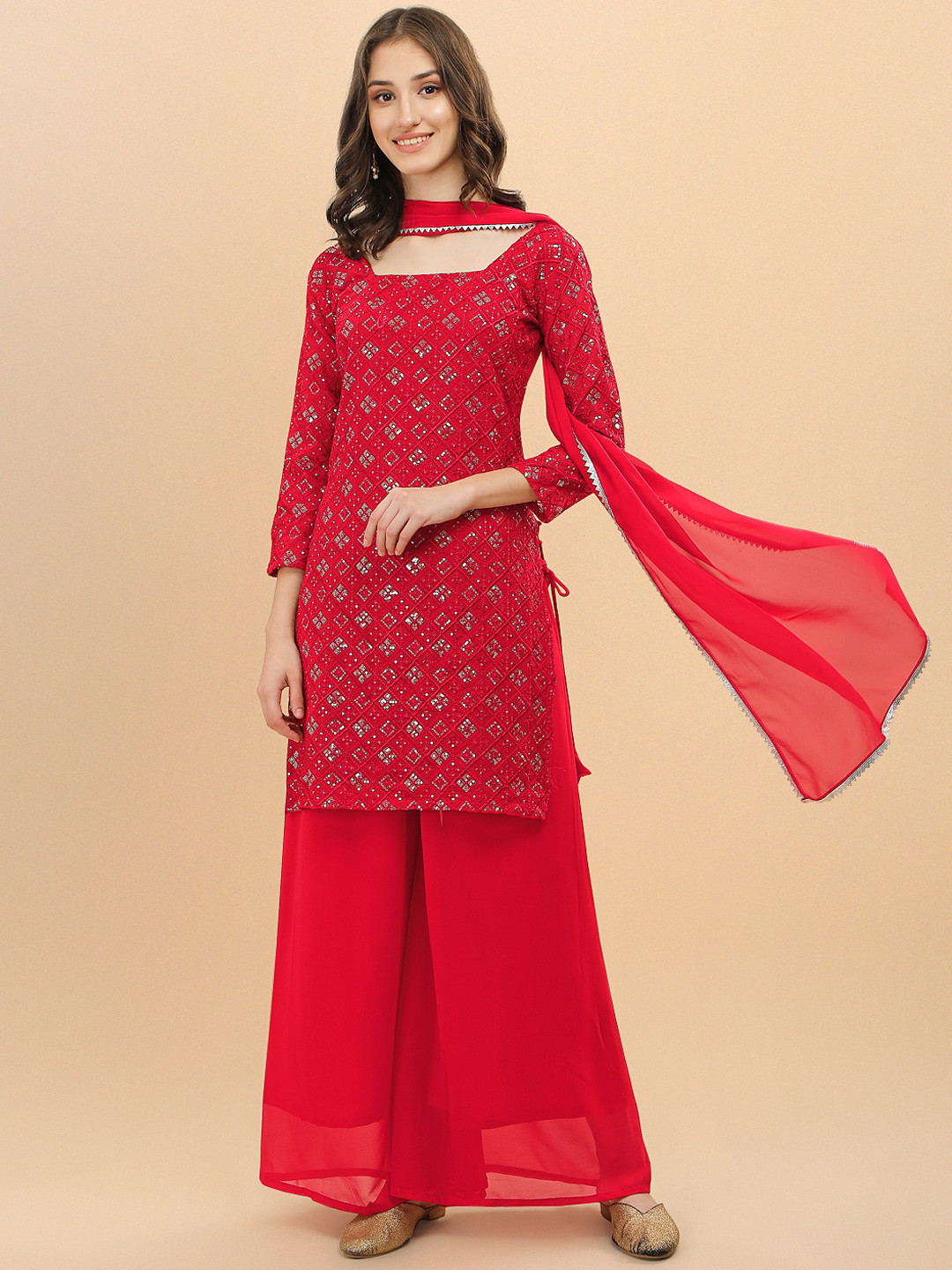 

Twika Mirror Work Embroidered Regular Georgette Kurta With Palazzos & Dupatta, Rose