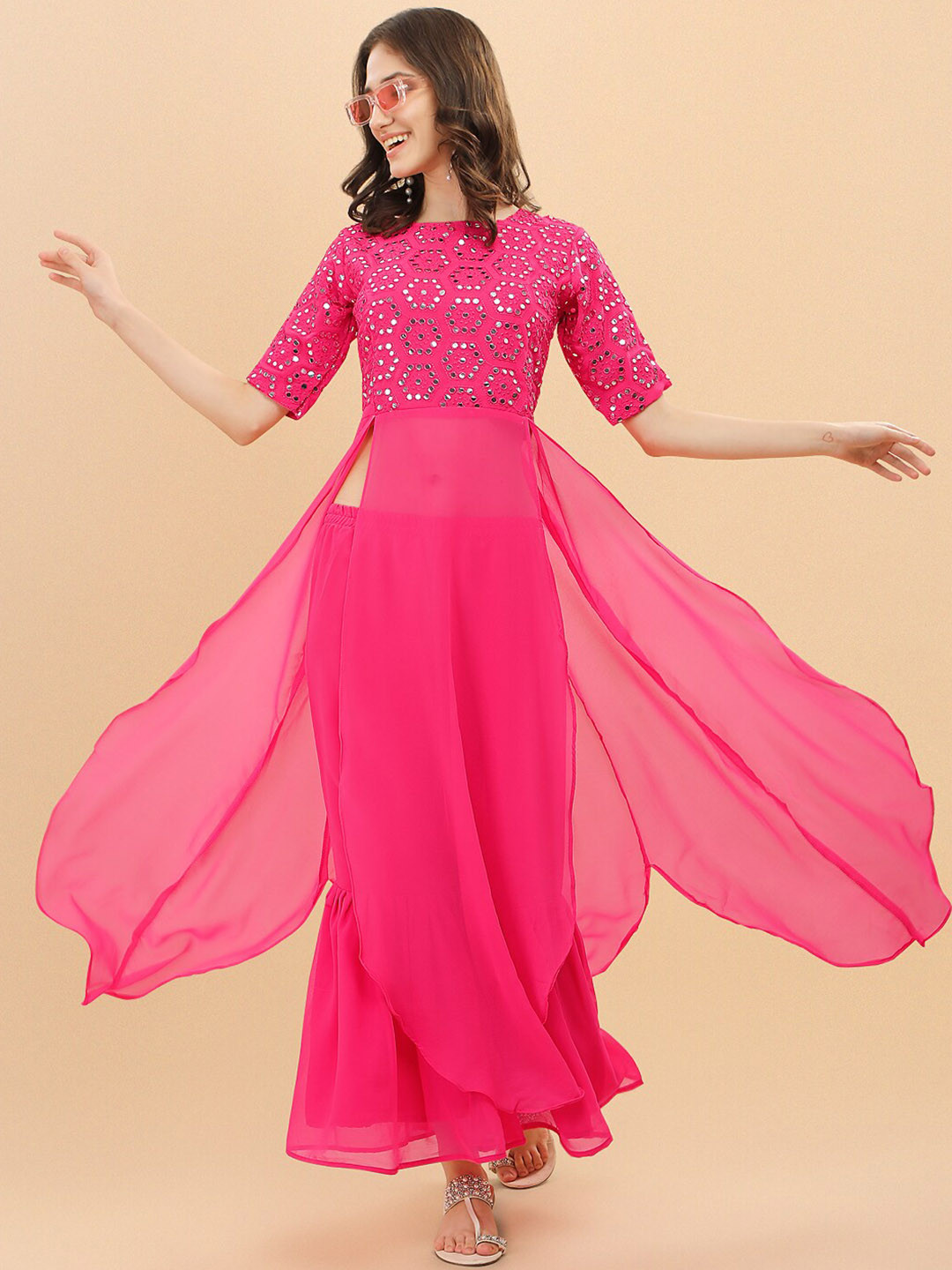 

Twika Geometric Embroidered Mirror Work Fusion High Slit A-Line Kurta with Sharara, Pink
