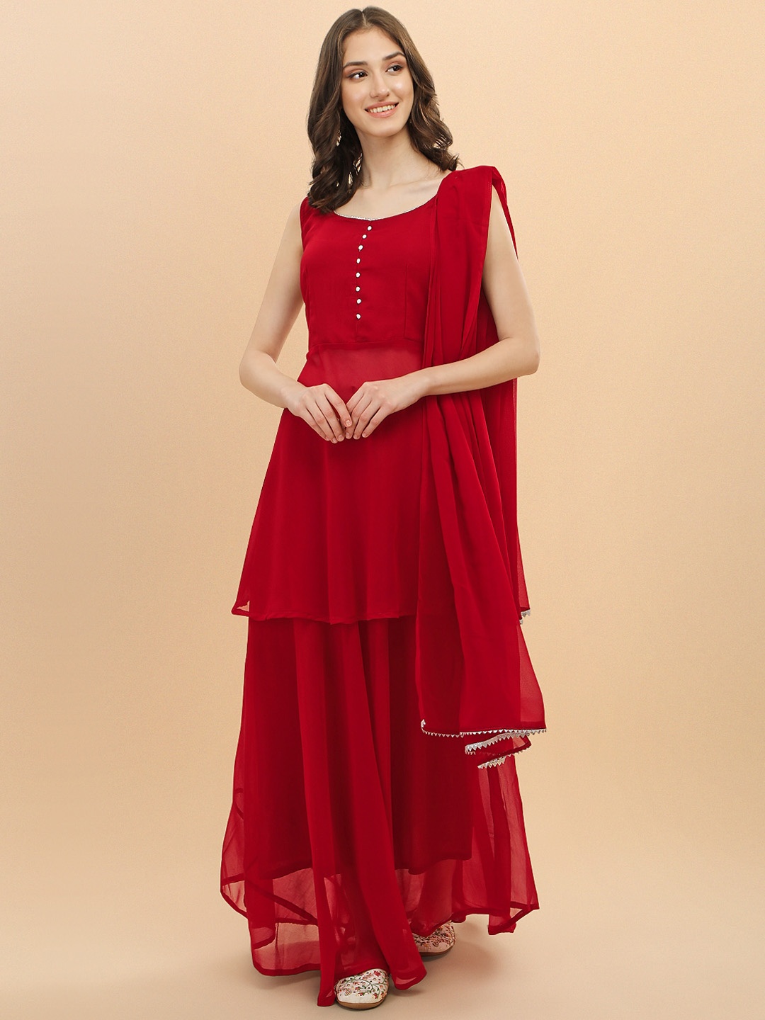 

Twika Round Neck Georgette A-Line Kurti With Sharara & Dupatta, Maroon