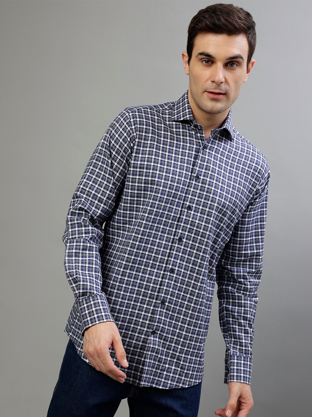 

Bruun & Stengade Checked Spread Collar Casual Pure Cotton Shirt, Navy blue