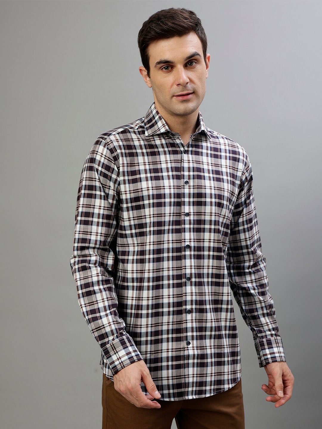 

Bruun & Stengade Tartan Checked Spread Collar Casual Pure Cotton Shirt, Brown