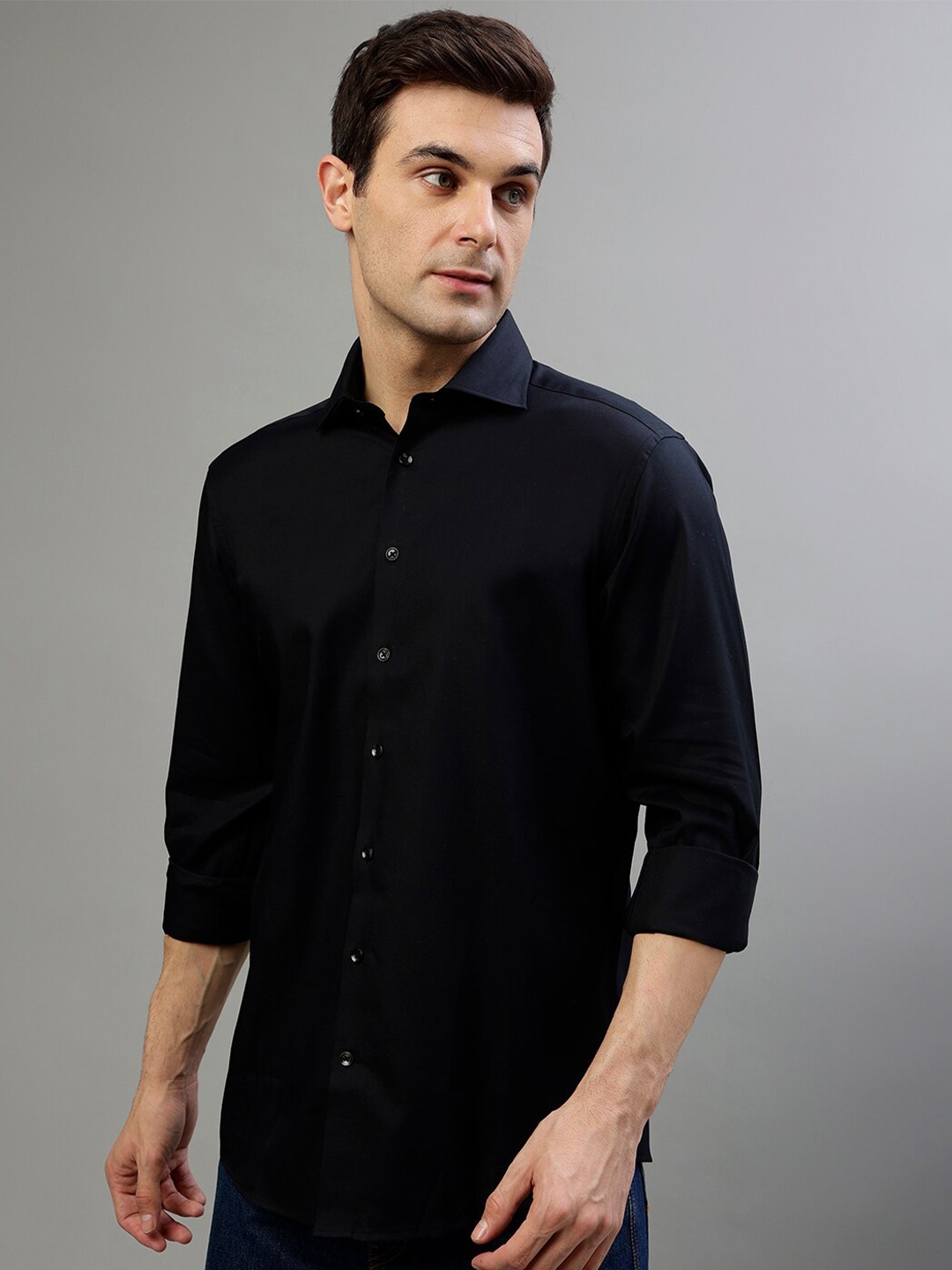 

Bruun & Stengade Spread Collar Casual Pure Cotton Shirt, Black